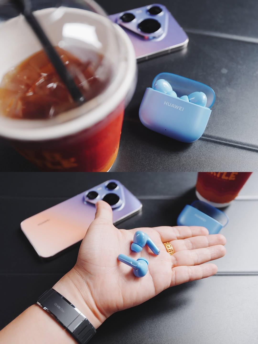Dua earbud biru HUAWEI FreeBuds SE 5 MAX pada tapak tangan dengan bekas pengecas dan telefon di latar belakang