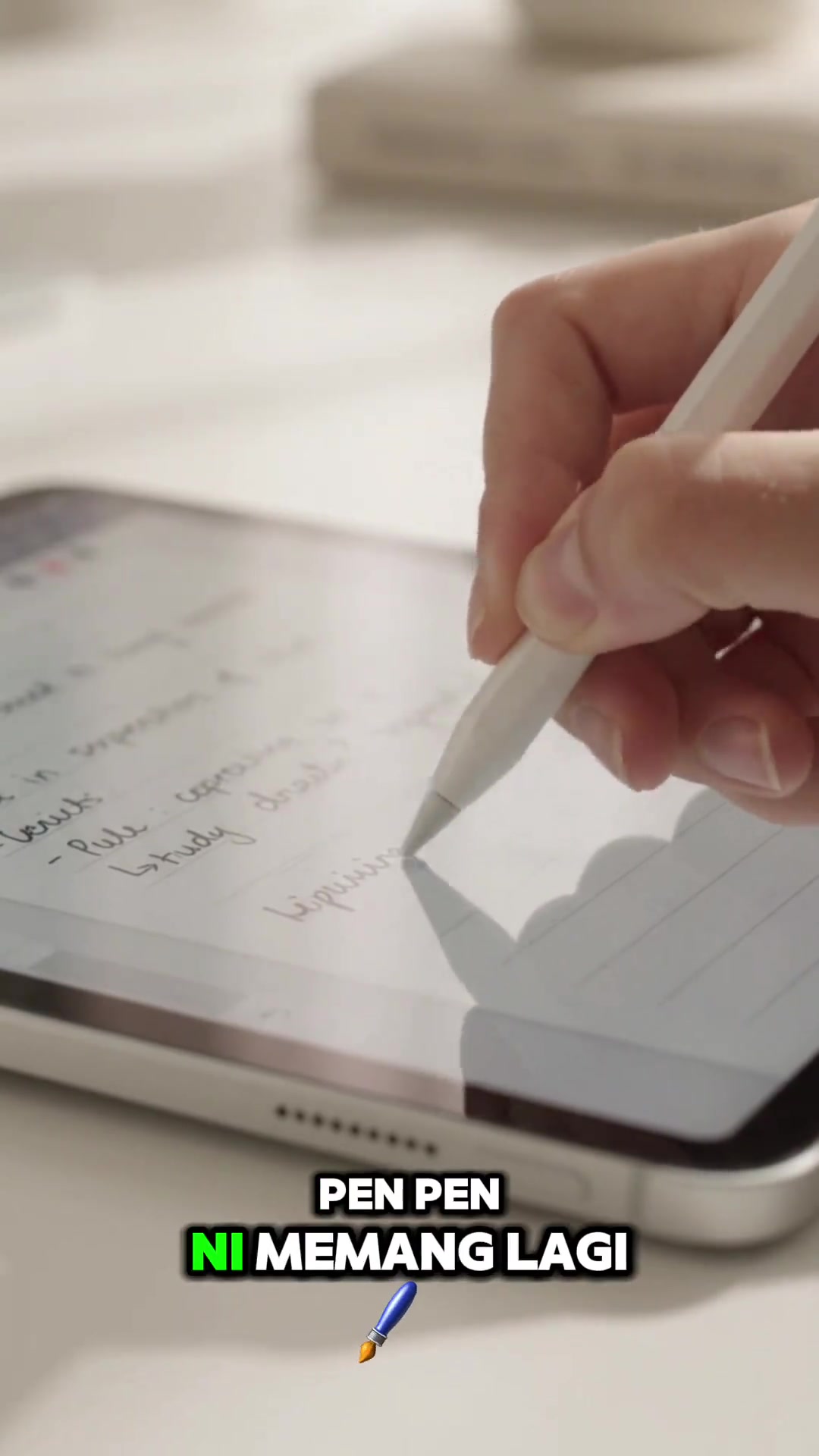 Tangan menulis nota tulisan tangan pada skrin iPad menggunakan stylus putih, pandangan jarak dekat