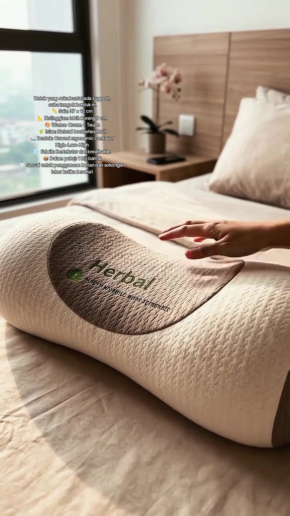 Bantal kontur buckwheat di atas katil dengan senarai spesifikasi saiz 37 x 12 cm dan tinggi sekitar 9 cm