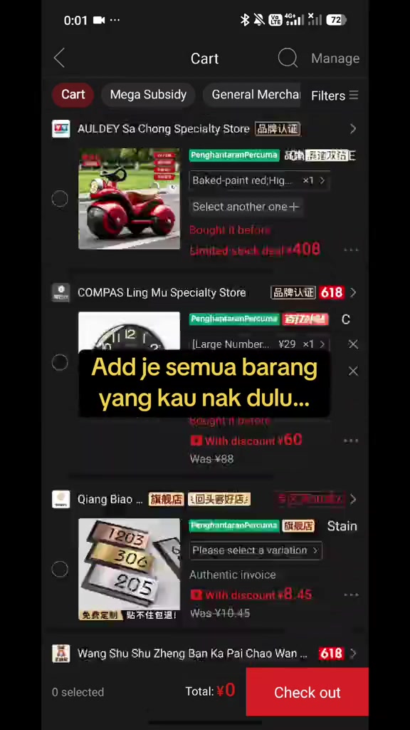 Tangkapan skrin troli aplikasi Pinduoduo: harga dalam yuan, tab Mega Subsidy dan label penghantaran percuma pada setiap item