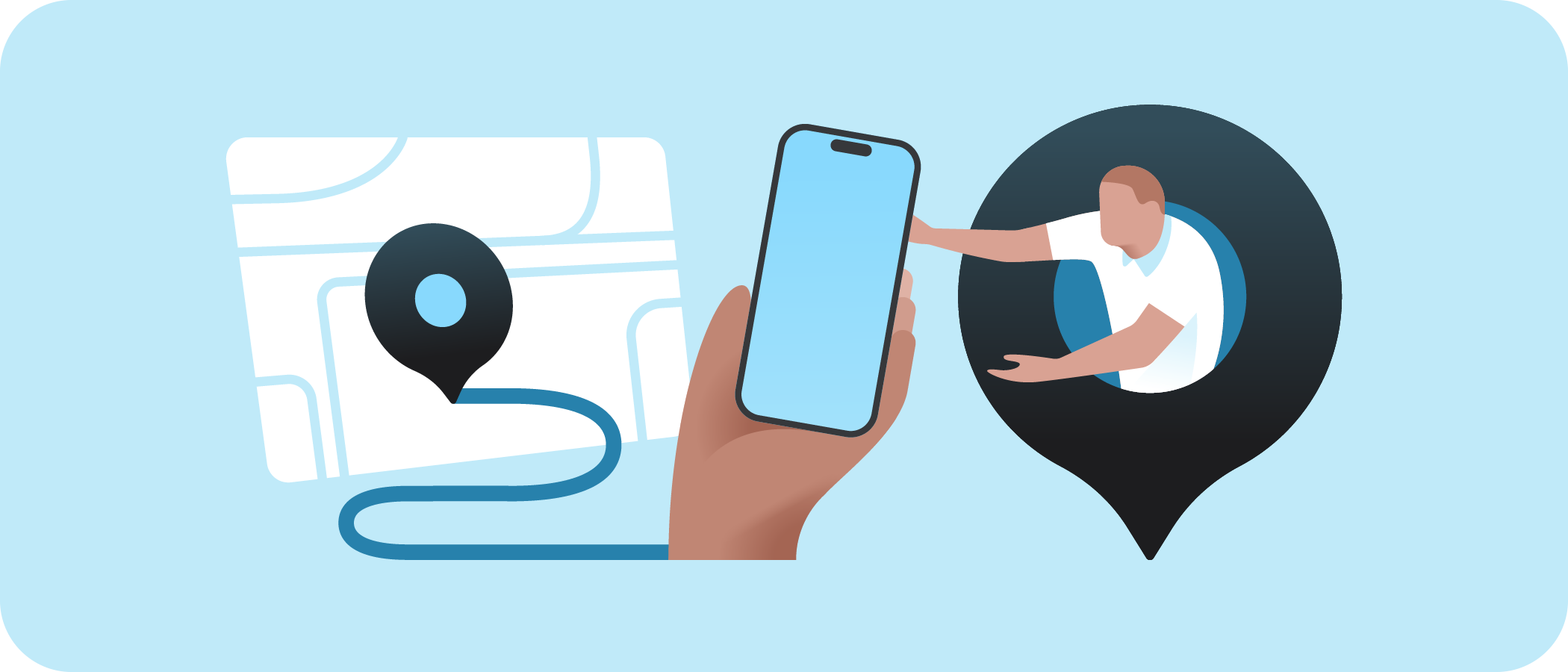 Ilustrasi sokongan Apple dengan telefon, ikon lokasi dan wakil bantuan.