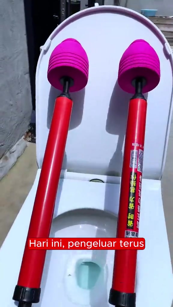 Dua plunger getah merah jambu berpemegang merah diletak di atas penutup mangkuk tandas