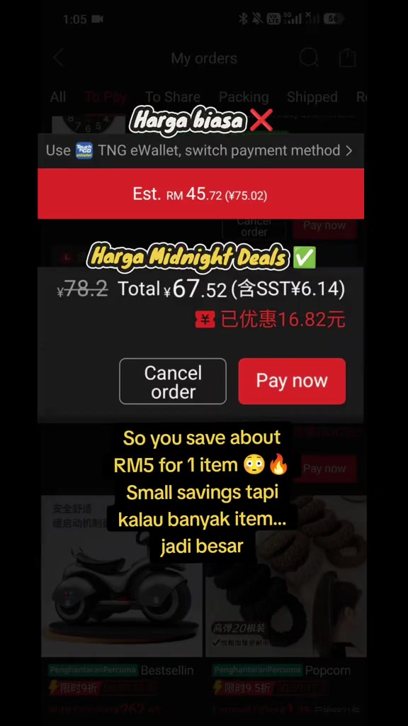 Tangkapan skrin checkout Pinduoduo: anggaran RM45.72 untuk harga biasa berbanding total ¥67.52 termasuk SST ¥6.14 selepas Midnight Deals, dengan pilihan bayar TNG eWallet