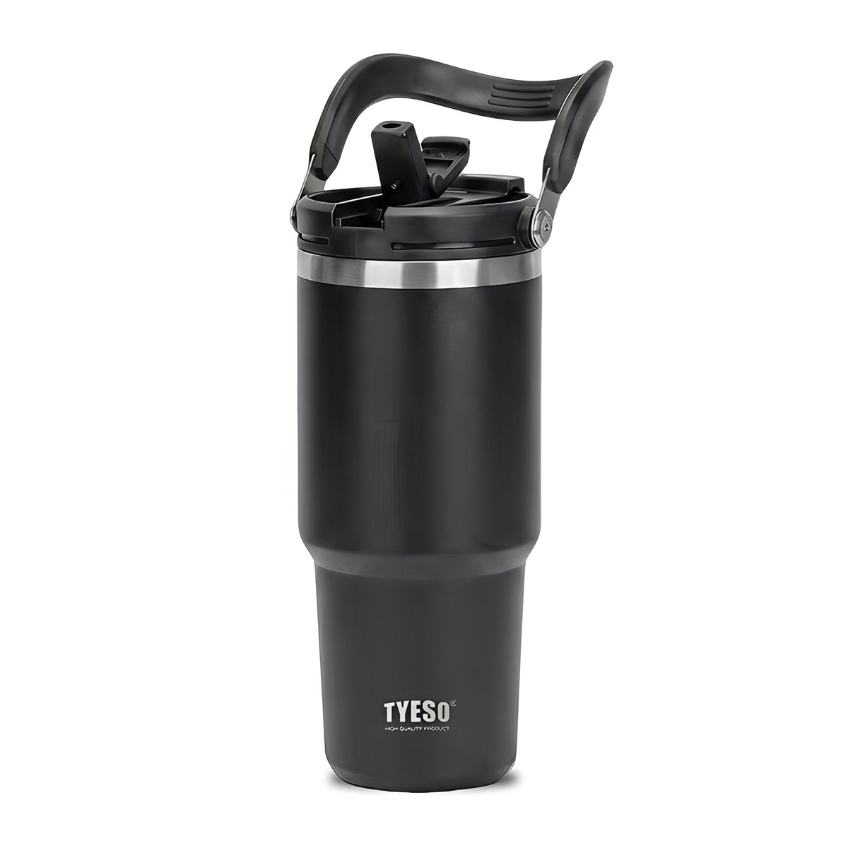 Tumbler TYESO hitam dengan pemegang besar dan penutup, dipaparkan sebagai produk sahaja
