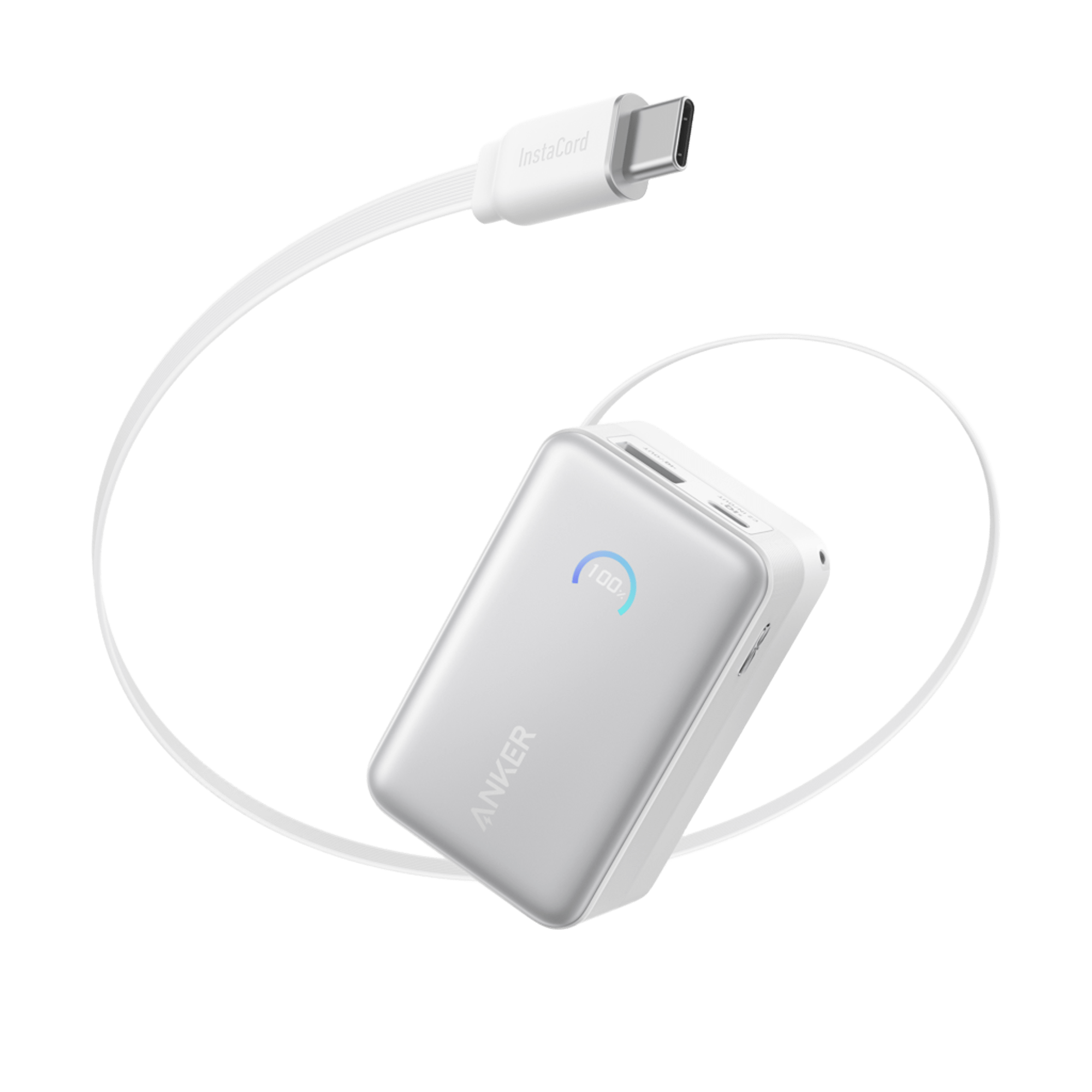 Imej rasmi Anker Nano A1638 berwarna putih dengan kabel USB-C boleh tarik