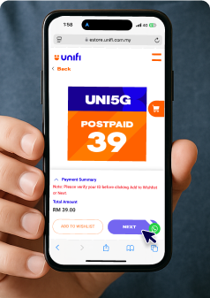 Paparan telefon di laman Unifi menunjukkan pelan UNI5G Postpaid 39 pada RM39 sebulan.