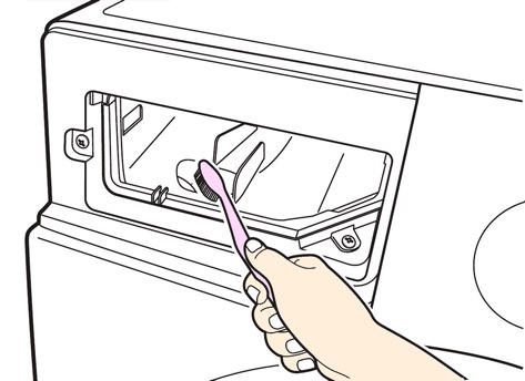 Ilustrasi membersihkan ruang dalam laci sabun mesin basuh dengan berus