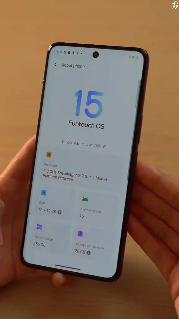 Paparan About phone vivo V60 dengan Funtouch OS dan Snapdragon 7 Gen 4