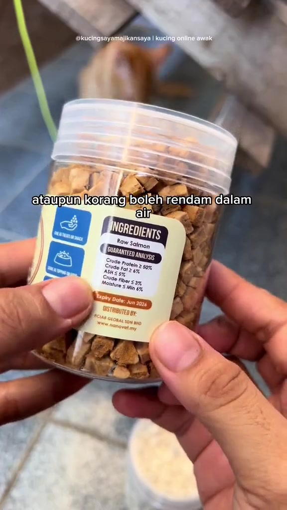 Label balang dengan ramuan salmon mentah, analisis pemakanan dan tarikh luput Jun 2026.