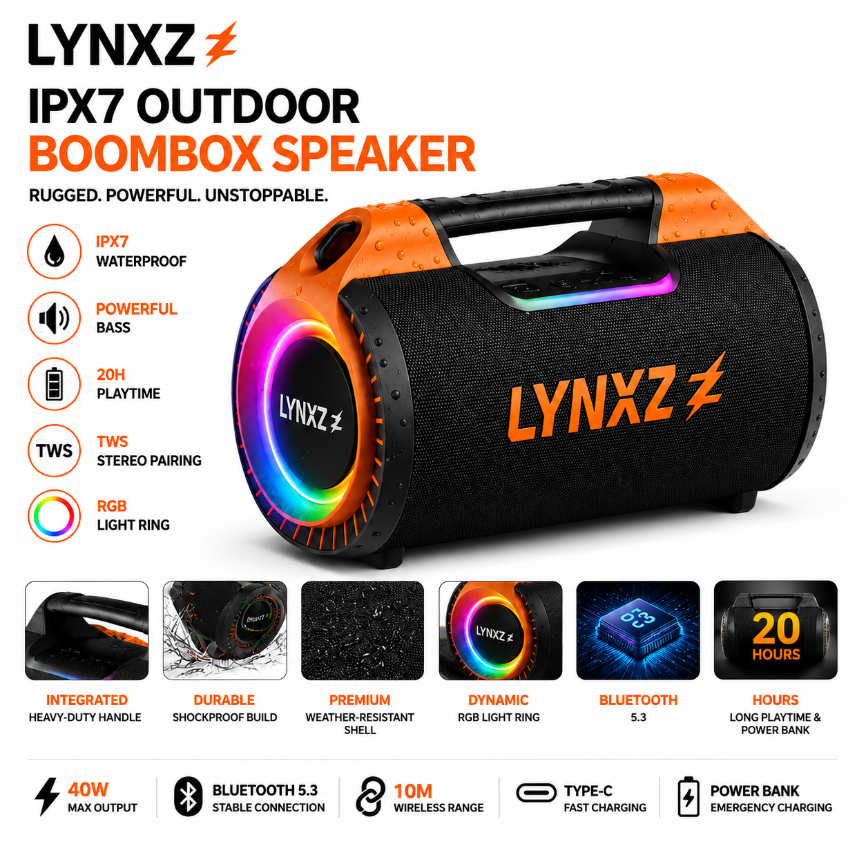 19% Drop: LYNXZ IPX7 Boombox Speaker