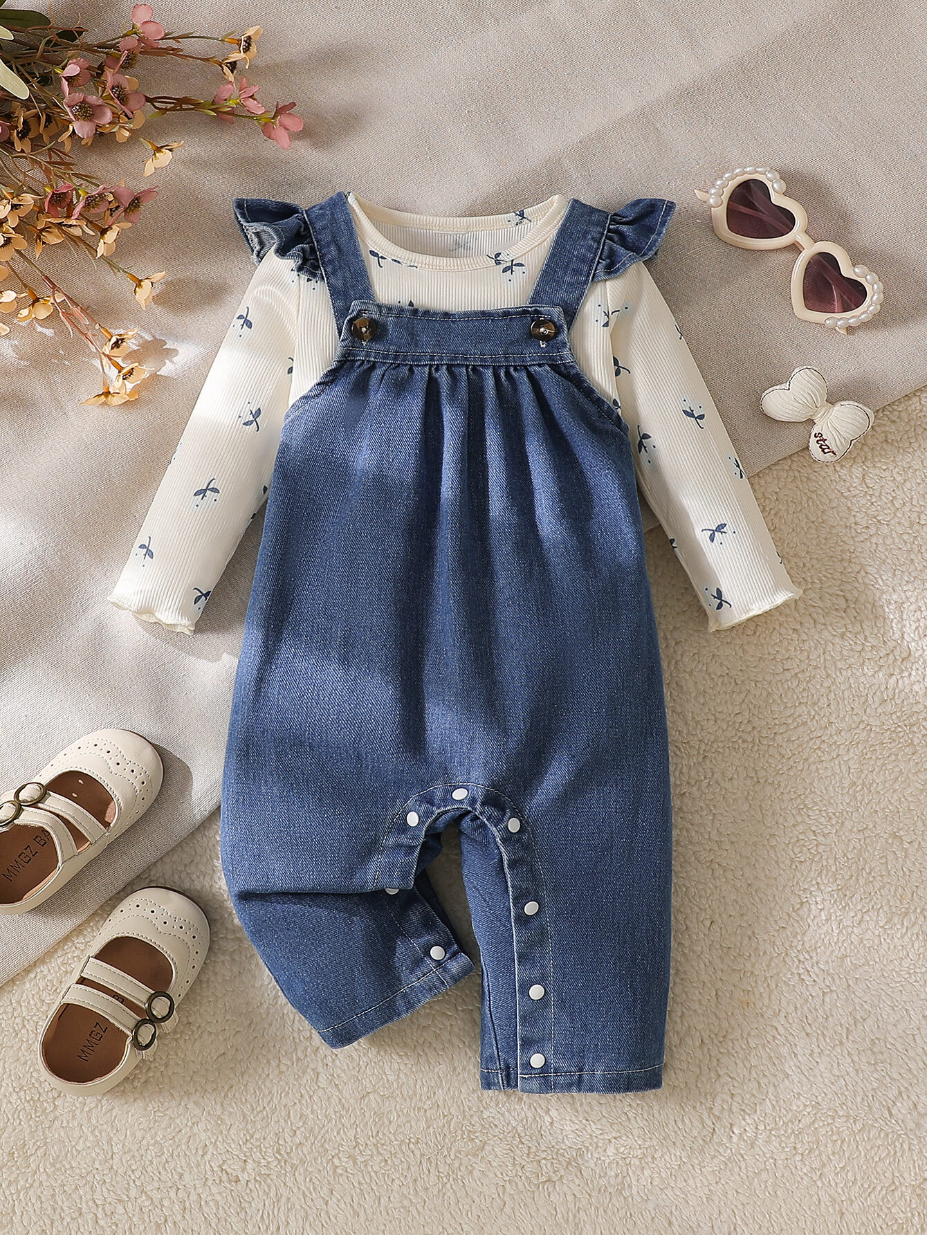 13.3% Drop: Baby Girl Denim Overalls Set