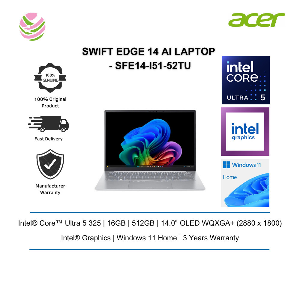 Acer Swift Edge 14 Ai Light Weight Laptop (Cu5 325/ 16GB/ 512GB/ 14" WQXGA+ OLED IPS/ W11/ Aurora White) SFE14-I51-52TU