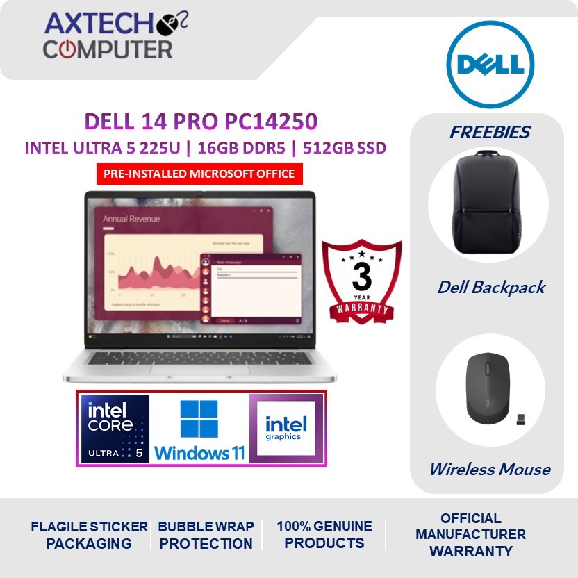 Dell 14 PRO PC14250-U5225U-16G-512GB 14" FHD+ Laptop Silver ( CU5-225U, 16GB, 512GB, Intel, W11P )