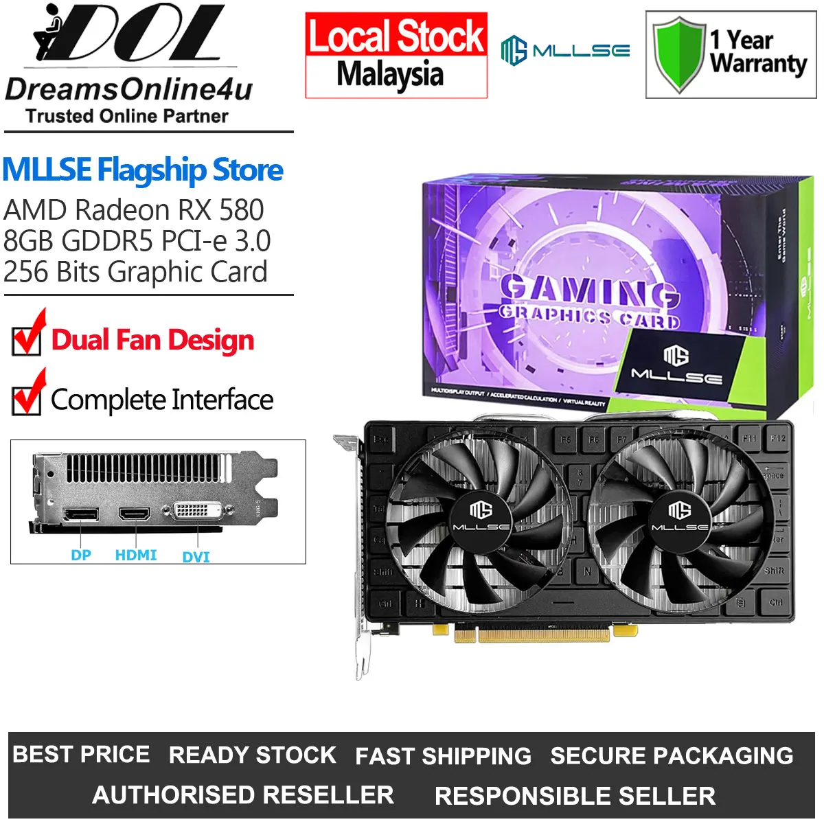 New MLLSE AMD Radeon RX 580 8GB GDDR5 256 Bits 1340Mhz 4K Dual Fans Graphics Card HDMI DVI DP