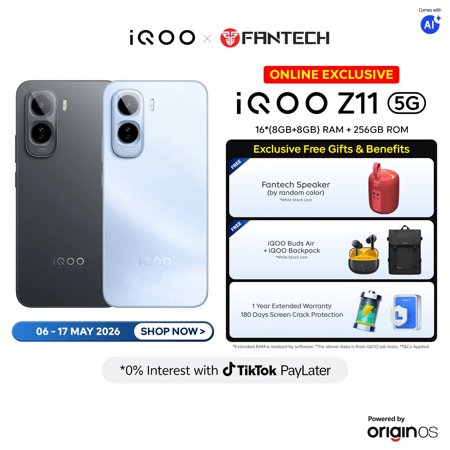 [Online Exclusive] iQOO Z11 5G | 9020 mAh Largest Batery+90W FlashCharge / Snapdragon 7s Gen 4 Processor / 6.83'' 120Hz 1.5K AMOLED Eyecare Display / 7000mm² VC Cooling / Dual Stereo Speaker / IP68+69 / NFC / Infrared Supported