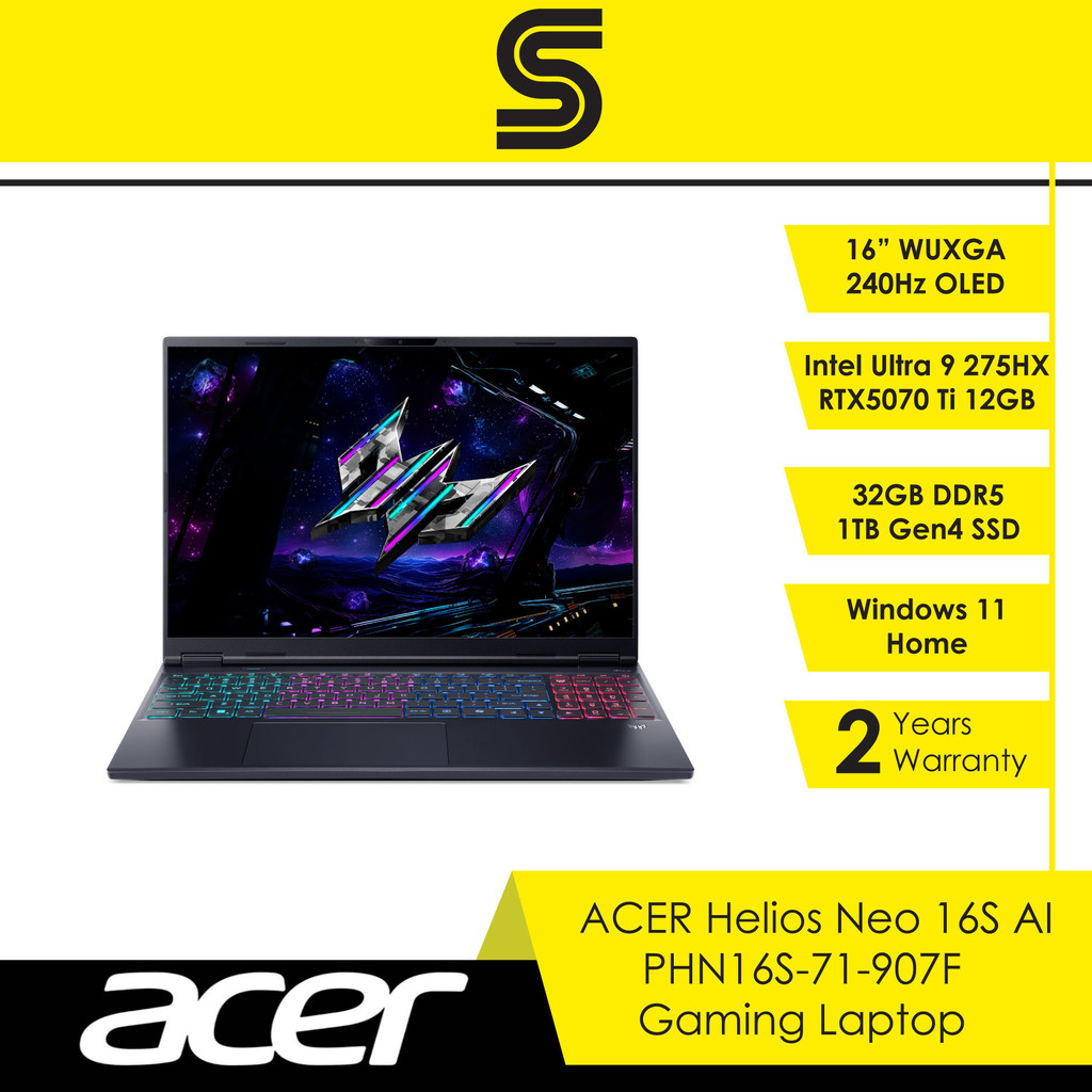 ACER Predator Helios Neo 16S AI PHN16S-71-907F Gaming Laptop - 16" OLED 240HZ/U9-275HX/32GB/1TB SSD/RTX5070TI/Win11 Home