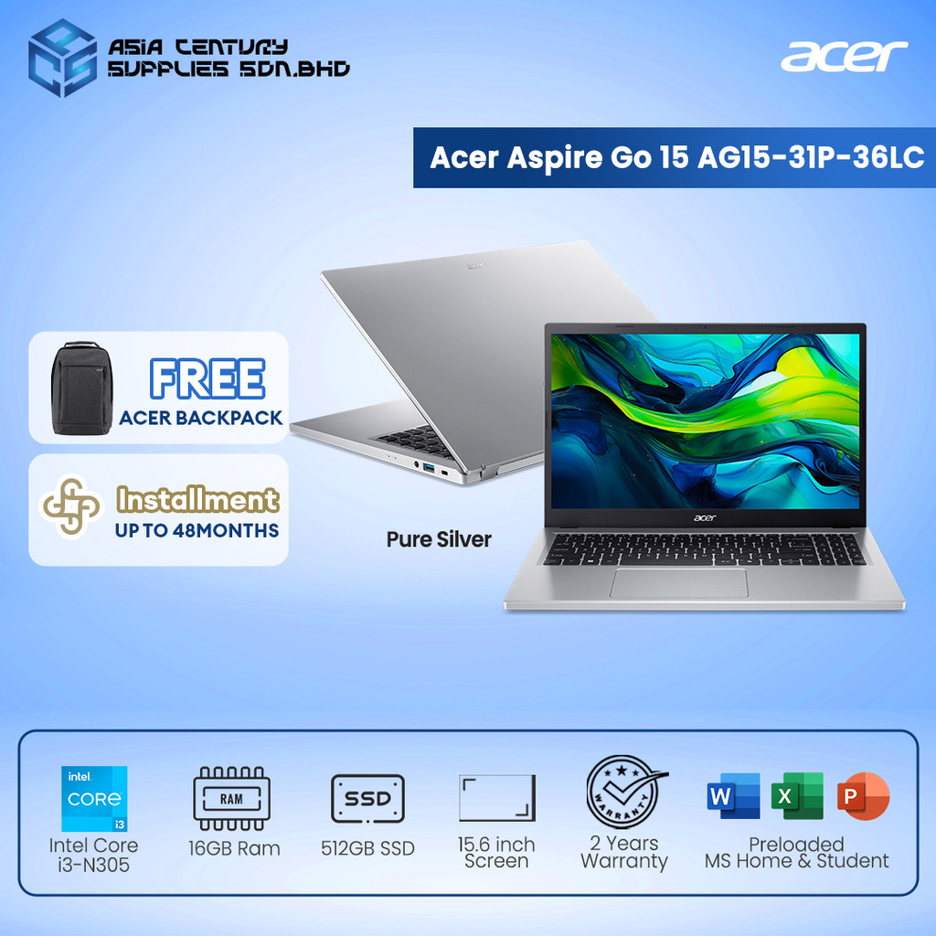 Acer Aspire Go 15, AG15-31P-36LC (Pure Silver) Intel® Core™ i3-N305 / 16GB RAM / 512GB