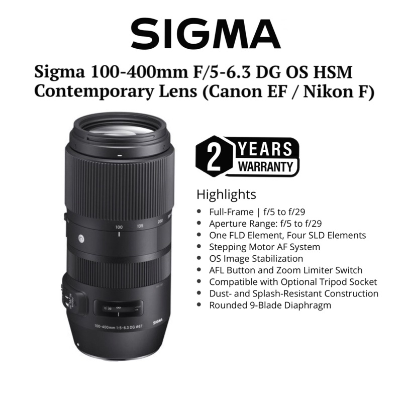 Sigma 100-400mm F/5-6.3 DG OS HSM COMTEMPORARY LENS ORIGINAL FOR CANON NIKON 100-400mm super zoom lens