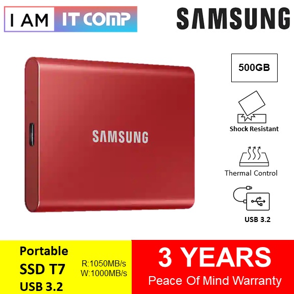 Samsung SSD Portable T7 USB 3.2 ( 500GB / 1TB / 2TB ) / Shock Resistant / Thermal Control / up to 1,050/1,000 MB/s