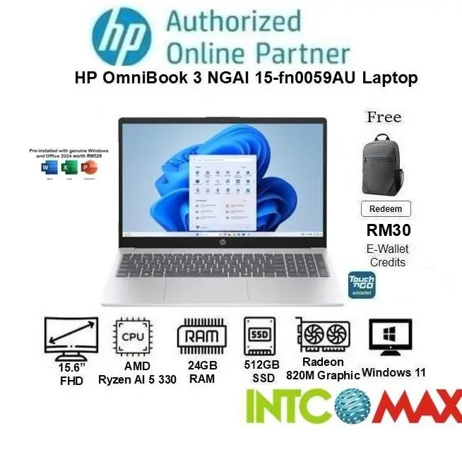 HP OmniBook 3 NGAI 15-fn0059AU Glacier Silver - ( AI 5 330 / 24GB / 512GB SSD / ATI / 15.6" FHD / WIN11 / H&S+M365 )