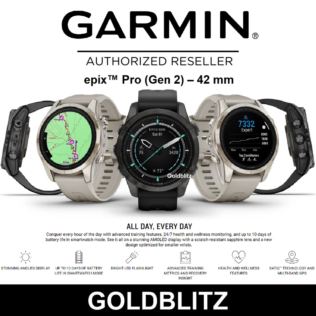 Garmin Epix Pro (Gen 2) 42mm Premium Multisport Smartwatch Solar Sapphire Titanium AMOLED GPS Flashlight