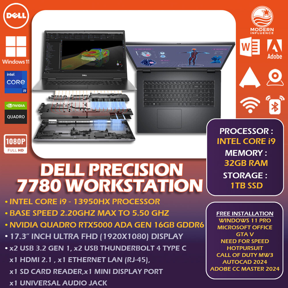 DELL PRECISION 7700 WORKSTATION SERIES - INTEL CORE i7/i9 - NVIDIA QUADRO RTX 5000 - 17 INCH UHD/FHD DISPLAY - 1 YEAR WARRANTY