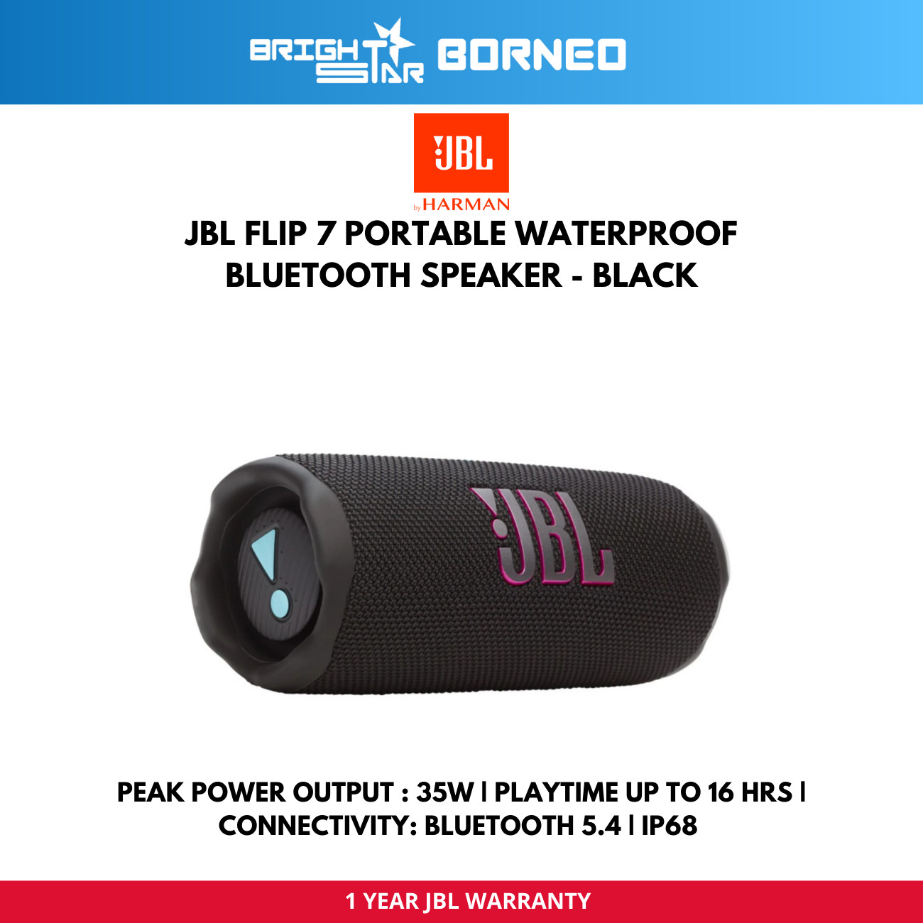 JBL Flip 7 Portable Speaker - Black/Black Orange/Blue/Pink/Purple/Red/Squad/White