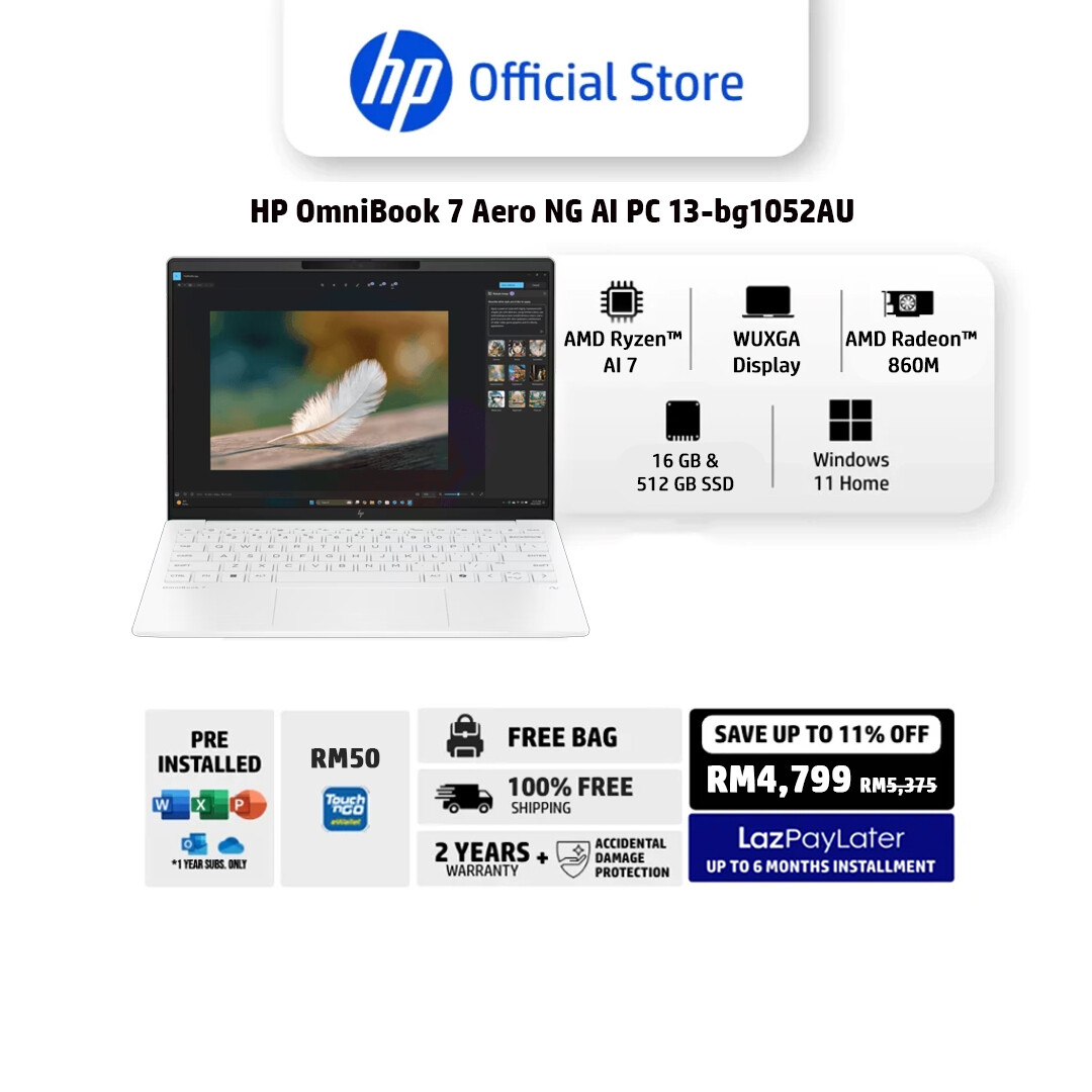 HP OmniBook 7 Aero 13.3" 13-bg1050AU 13-bg1051AU 13-bg1052AU 13-bg1053AU Next Gen AI Laptop | AMD Ryzen AI 5/7 Processor | WUXGA display | AMD Radeon 840M/860M | 16 GB RAM | 512 GB SSD | Windows 11 Home