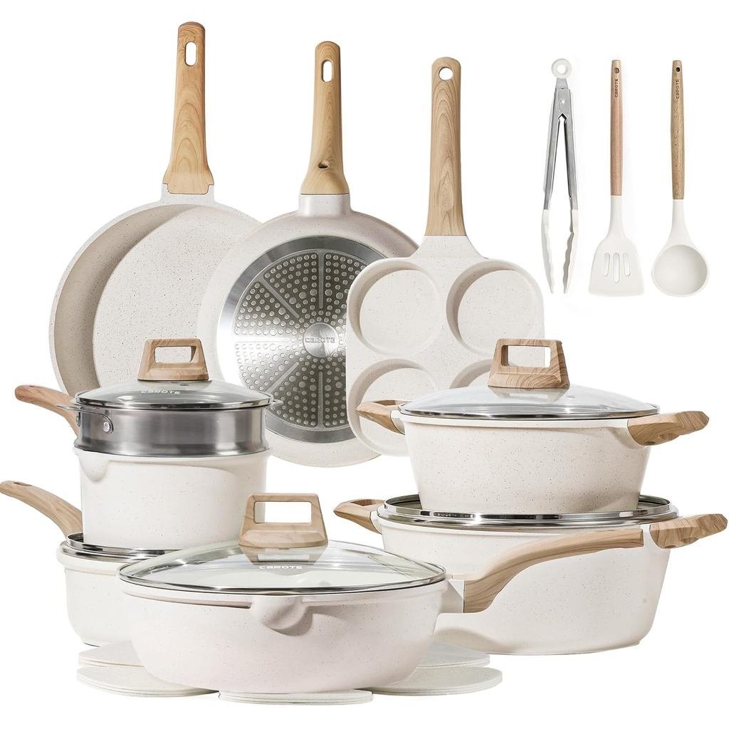 CAROTE 21Pcs Pots and Pans Set, Nonstick Cookware Sets, White Granite Induction Cookware Non Stick Cooking Set w/Frying Pans & Saucepans(PFOS, PFOA Free)