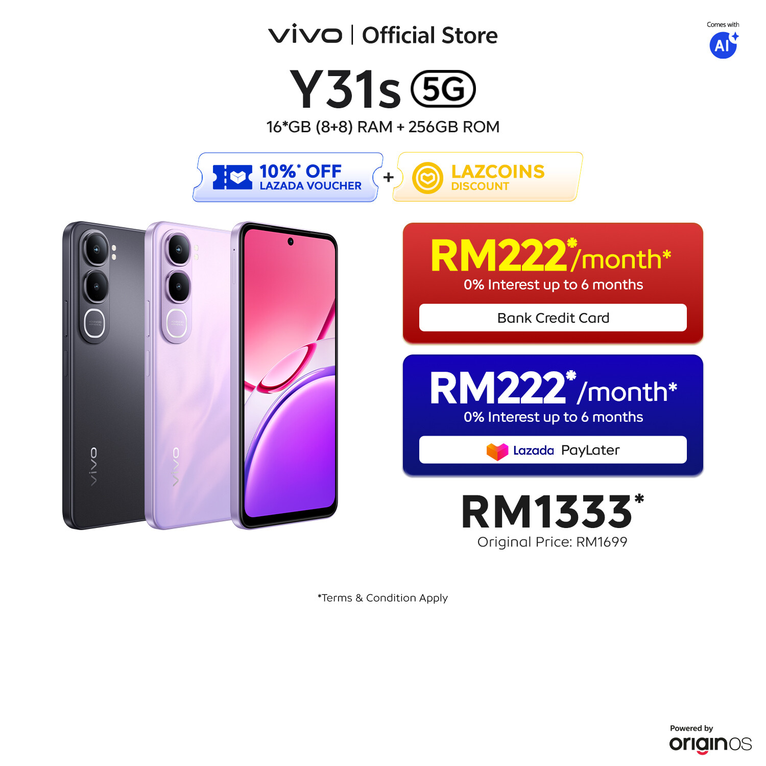 【Online Exclusive】vivo Y31s 5G | 16*(8GB+8GB) RAM +256GB ROM | NFC | 6500 mAh BlueVolt Battery + 44W FlashCharge | IP69+ & IP69 & IP68 | 4nm Snapdragon 5G Platform | Stunning FHD Display 400% Volume
