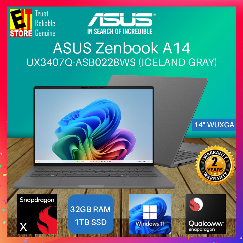 ASUS Zenbook A14 UX3407Q-ASB0228WS (Snapdragon X X1-26-100/32GB/1TB SSD/14" WUXGA/ Qualcomm Adreno GPU/W11/2Y) Laptop
