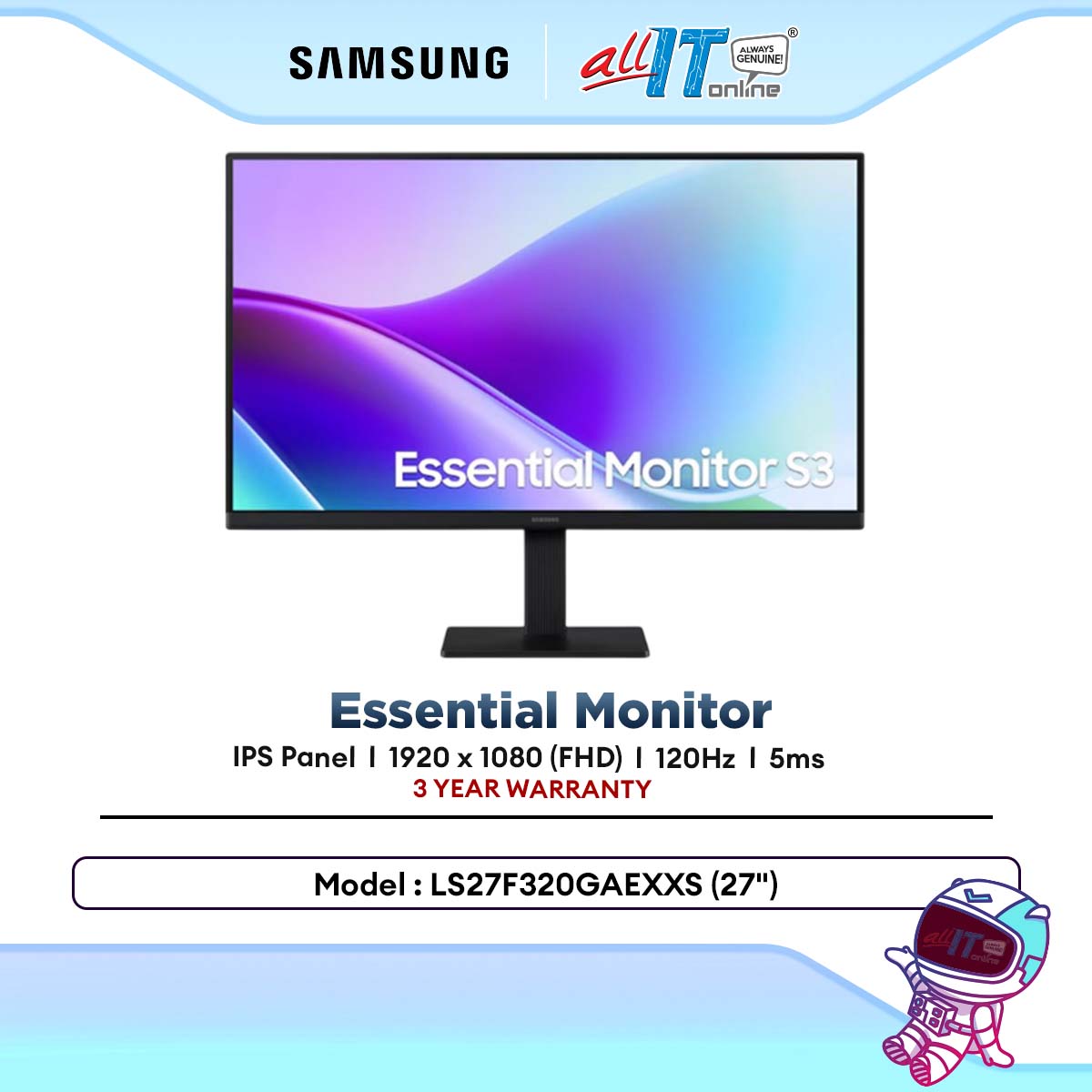 SAMSUNG Essential Monitor S3 S32GF @120Hz / S30GD @100Hz 24" / 27" FHD IPS Monitor | LS24F320GAEXXS / LS27F320GAEXXS / LS24D300GAEXXS / LS27D300GAEXXS