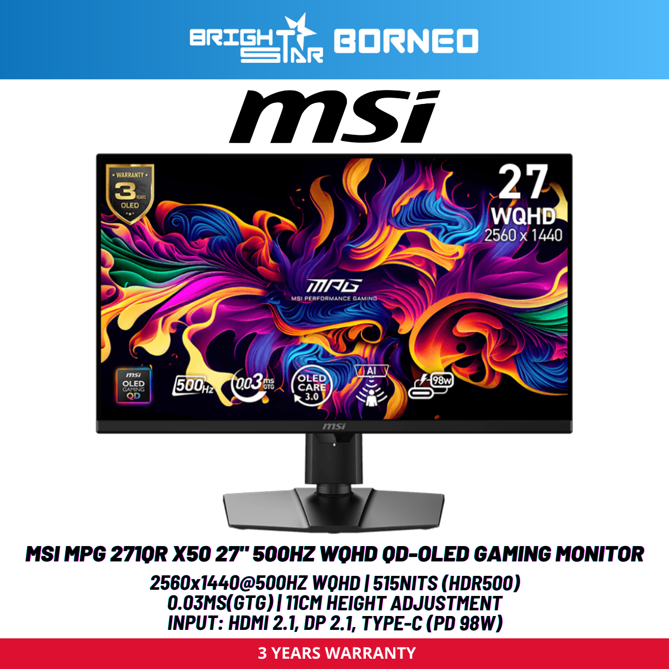 MSI Mpg 271qr X50 27" 500HZ WQHD Qd-oled Gaming Monitor