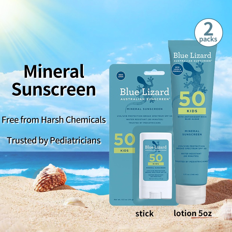 【Kids Lotion 5oz + Stick】BLUE LIZARD Mineral Sunscreen SPF 50,Fragrance-free,Sensitive-friendly
