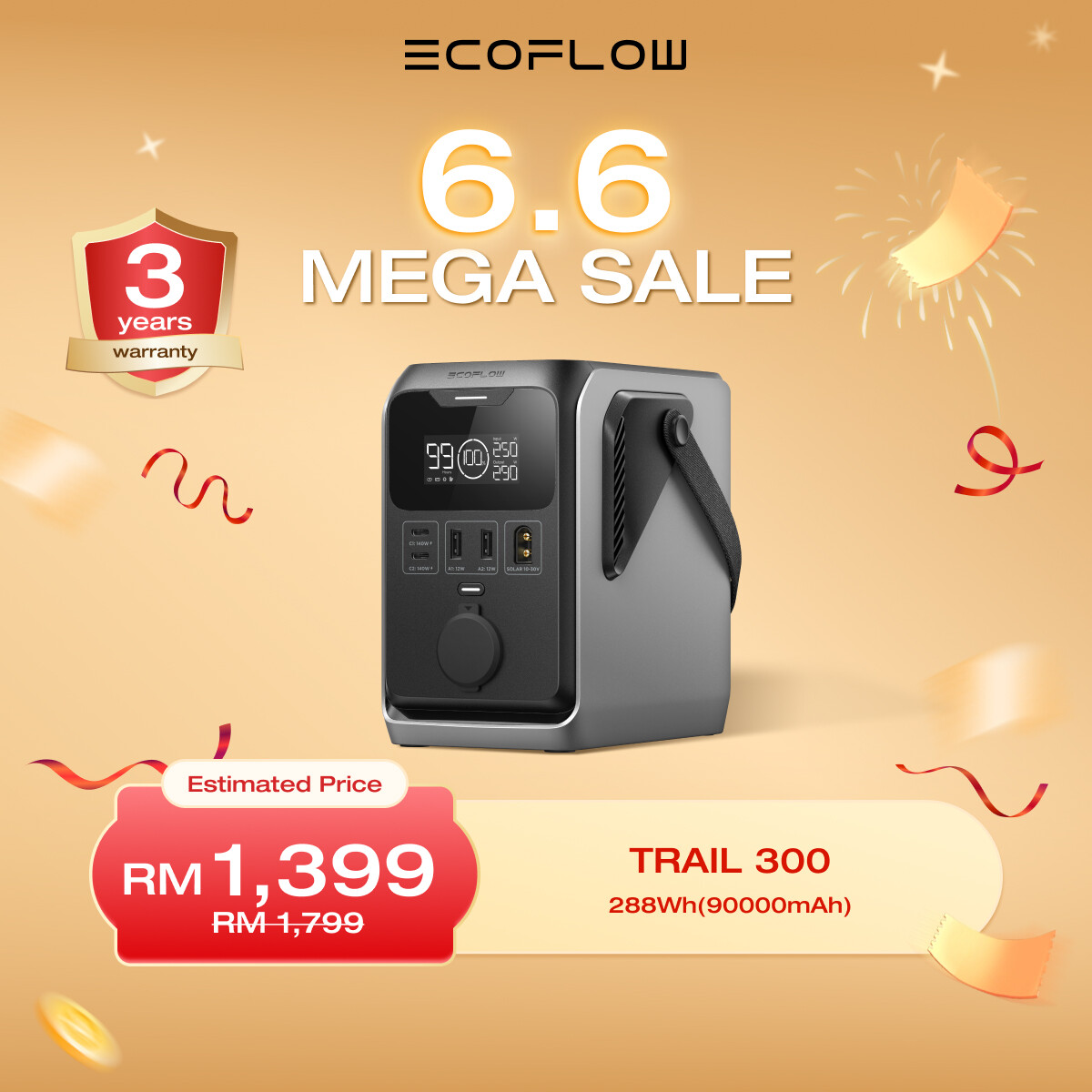 EcoFlow TRAIL 300 DC Portable Power Station 288Wh Ultra-light LiFePO4 Battery Bank 300W Solar Generator Fast Charge 5 Output Port Drop-Proof Solar/Car Input 0 Noise for Camping/Travel/Emergency