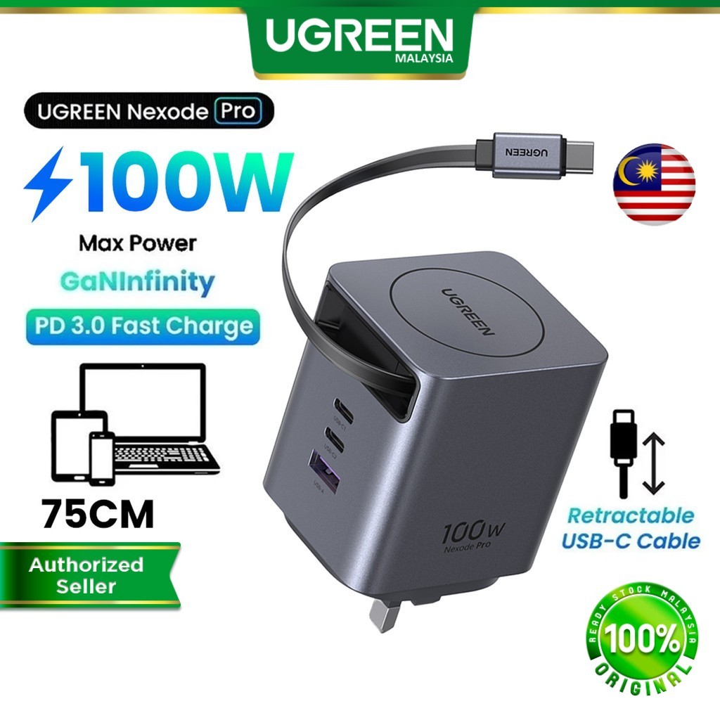 UGREEN 45W/65W/100W Nexode Pro GaN Charger Retractable Cable USB C USB A SFC 2.0 PD Super Fast Charging For S25 iPhone 17 Macbook