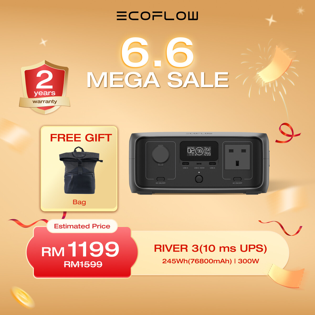 EcoFlow RIVER 3 (10 ms UPS) Portable Power Station 245Wh LFP Battery Up to 600W Output 2× Runtime With GaN <10 ms UPS 30% More Compact Solar Generator for Outdoors Camping Vans