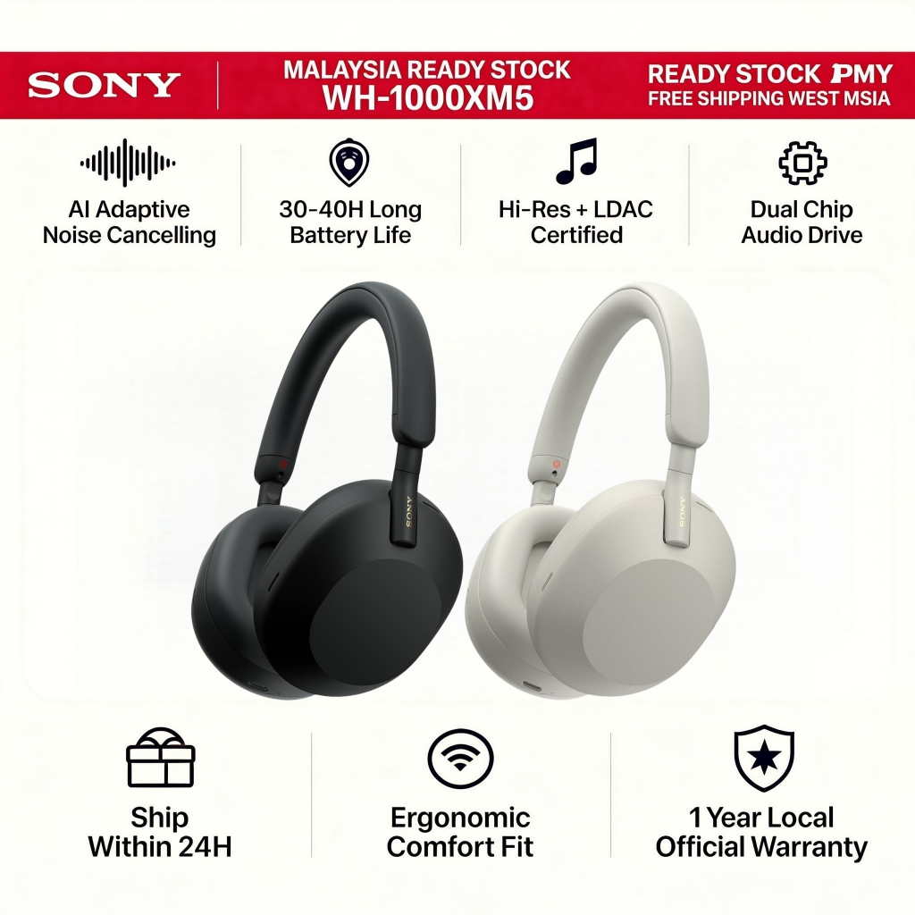 Sony WH-1000XM5 Bluetooth Headphones | Industry-Leading ANC | 30mm Driver | Hi-Res Audio | 2 Colors
