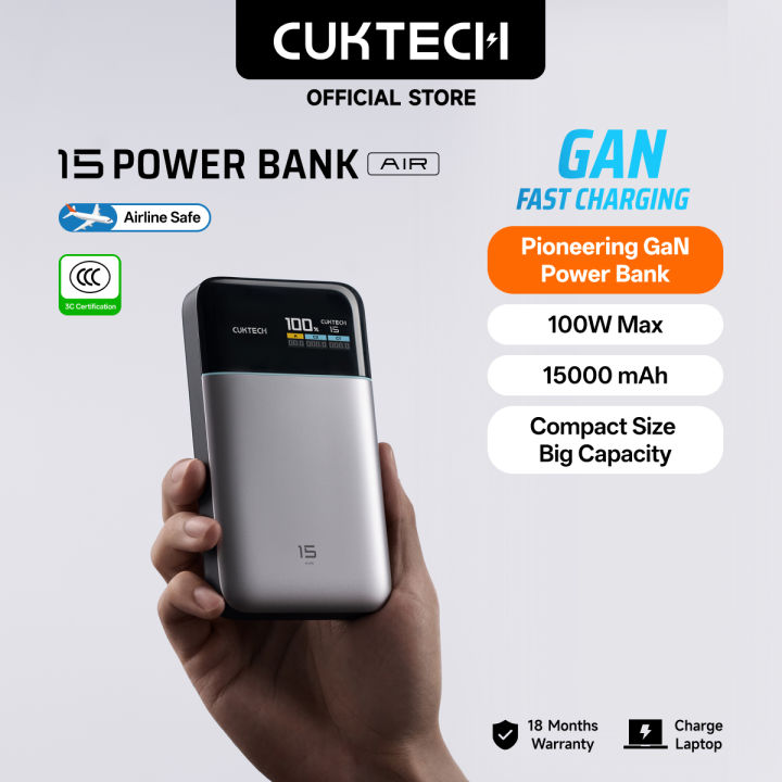 【3C Certification】CUKTECH Pioneering GaN Power Bank 100W Max 15000mAh Xiaomi 90W Max Samsung 45W iP16/15/14 38W Max——15 Air Powerbank | Lazada Malaysia