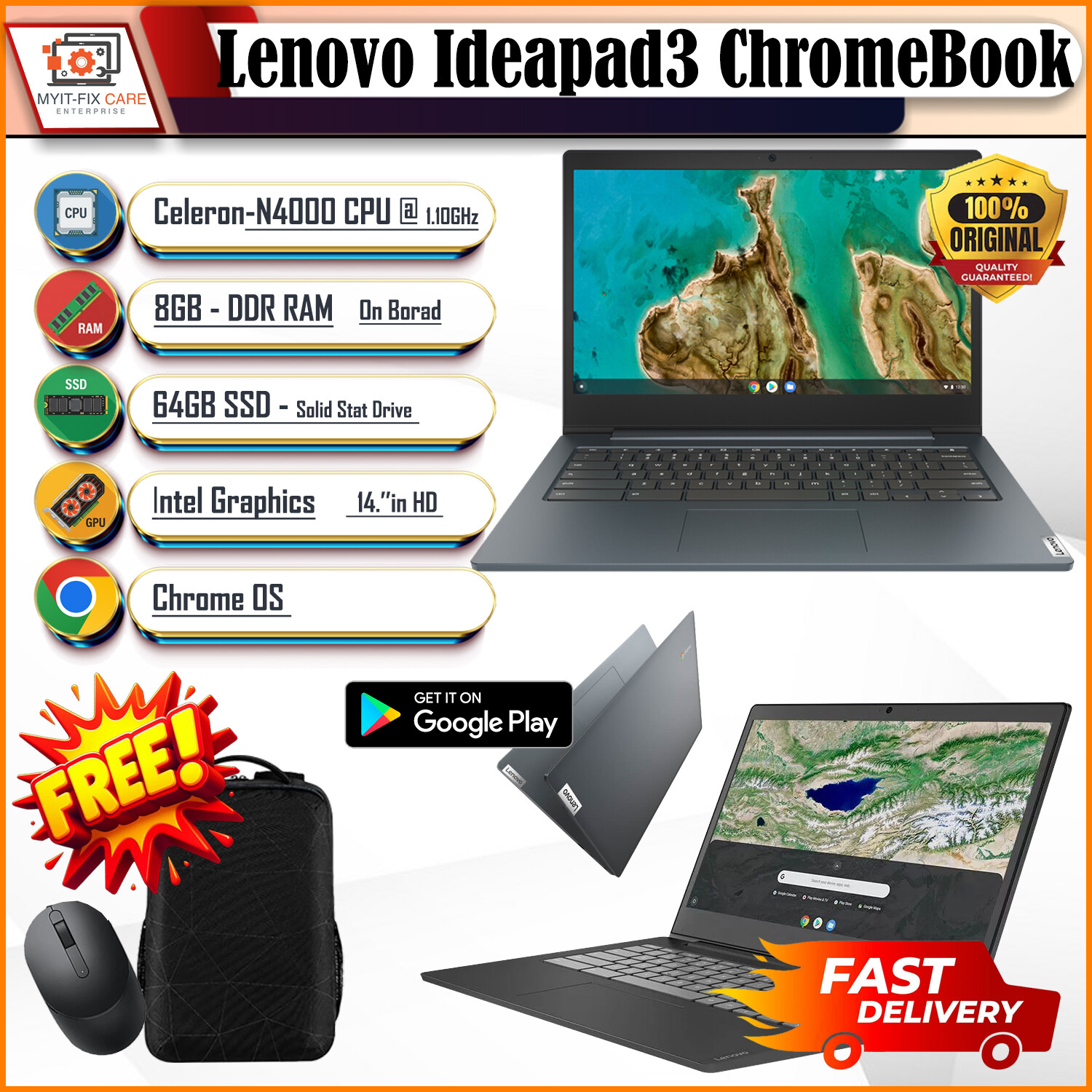 Lenovo 3 Chromebook Celeron® Dual-Core N4020 64GB eMMC 4GB 14" (1366×768) Chrome OS ABYSS BLUE