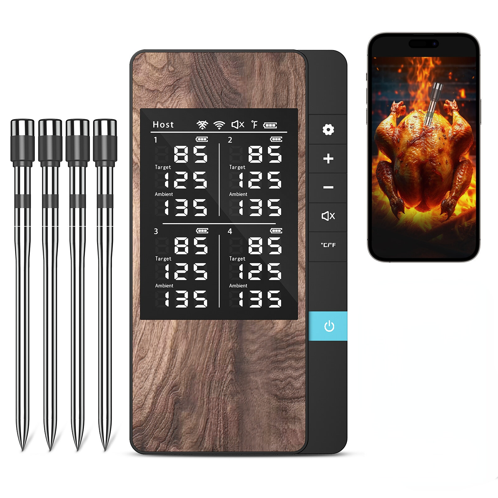 Wireless Meat Thermometer-Multi Sensors Digital Food Thermometer with Ultra-Thin Probes Accuracy Smart Bluetooth Meat Thermomet
