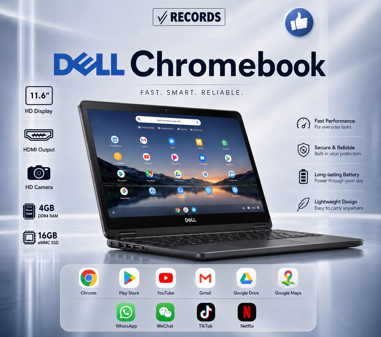 Dell Chromebook 11.6” HD || Intel Celeron N3060 || RAM 4GB SSD 16GB || Play Store Ready