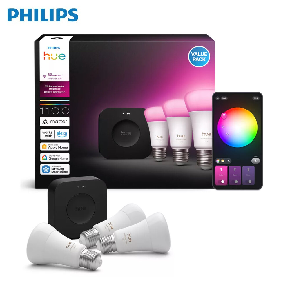 PHILIPS Korea HUE COLOR AMBIANCE BRIDGE STARTER KIT 1100 Lumen Lighting System