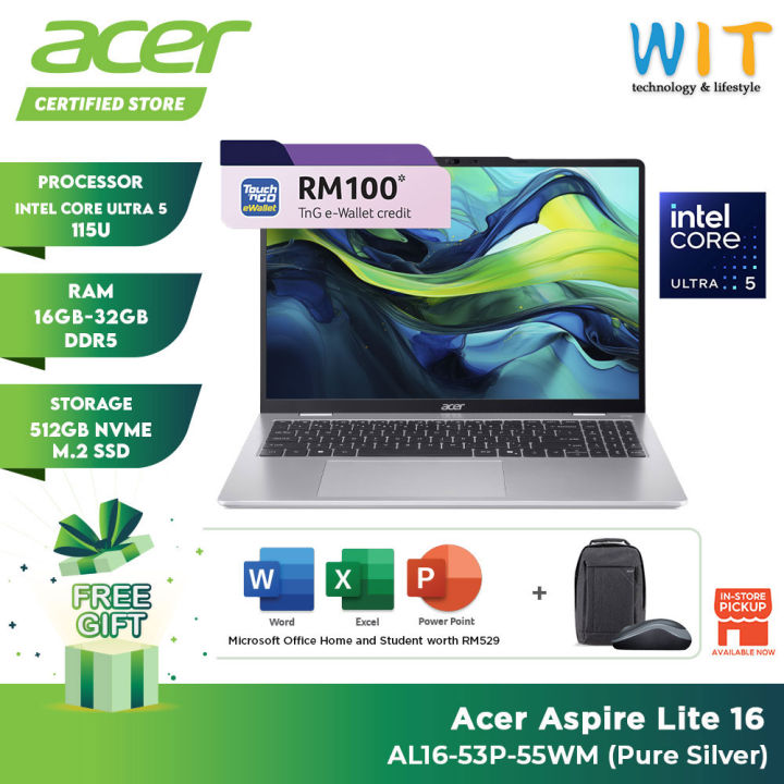 Acer Aspire Lite 16 AL16-53P-55WM (Intel Core Ultra 5-115u /16GB-32GB RAM/512GB SSD/16" WUXGA/Office/W11/2 Years Warranty) | Lazada Malaysia