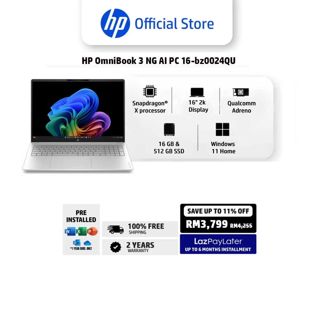 HP OmniBook 3 Laptop Next Gen AI 16-bz0024QU Silver | Snapdragon X | Qualcomm Adreno | 16 GB RAM | 512 GB SSD | Windows 11 Home