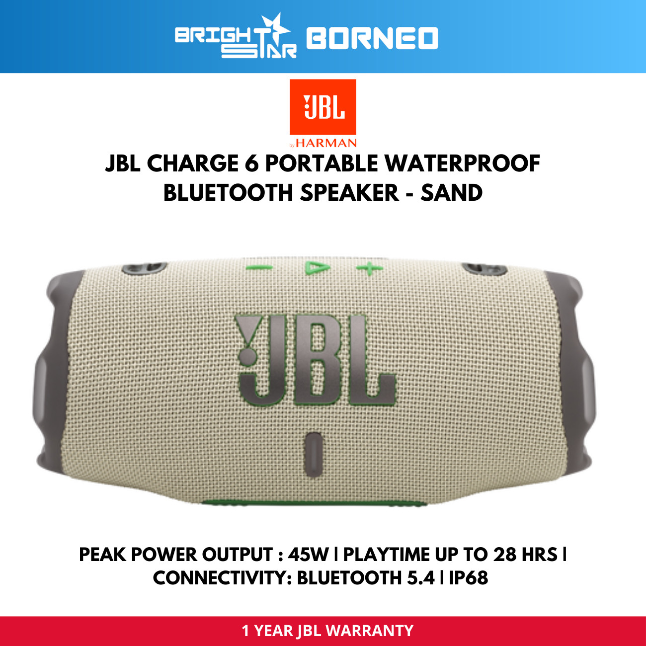 JBL Charge 6 Portable Speaker - Black/Black Orange/Blue/Pink/Red/Sand/Squad/White