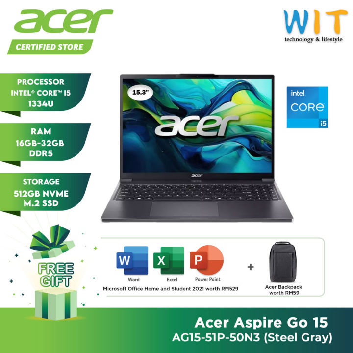 Acer Aspire Go 15 AG15-51P-50N3 (Intel Core i5-1334U/16GB-32GB RAM/512GB SSD/15.3" WUXGA IPS/Office/W11/2 YR Warranty) | Lazada Malaysia