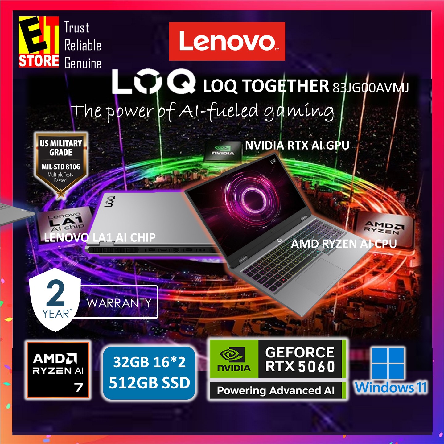 Lenovo Laptop LOQ AI Gaming 83JG00AVMJ (RYZEN 7 250 /16GB or 32GB DDR5/512GB SSD/NVIDIA RTX5060 8GB GDDR7/15.6" FHD IPS 144HZ/ 24-ZONE RGB KEY/ W11/BAG/2Y)