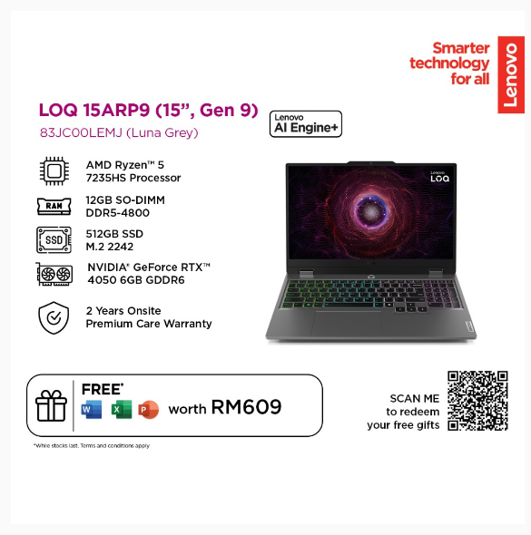 Lenovo LOQ 15.6" 144Hz FHD (R5-7235HS/12GB/512GB/RTX4050 6GB/W11H/HOME24/2YW) Free Backpack 83JC00LEMJ- Luna Grey | Shopee Malaysia