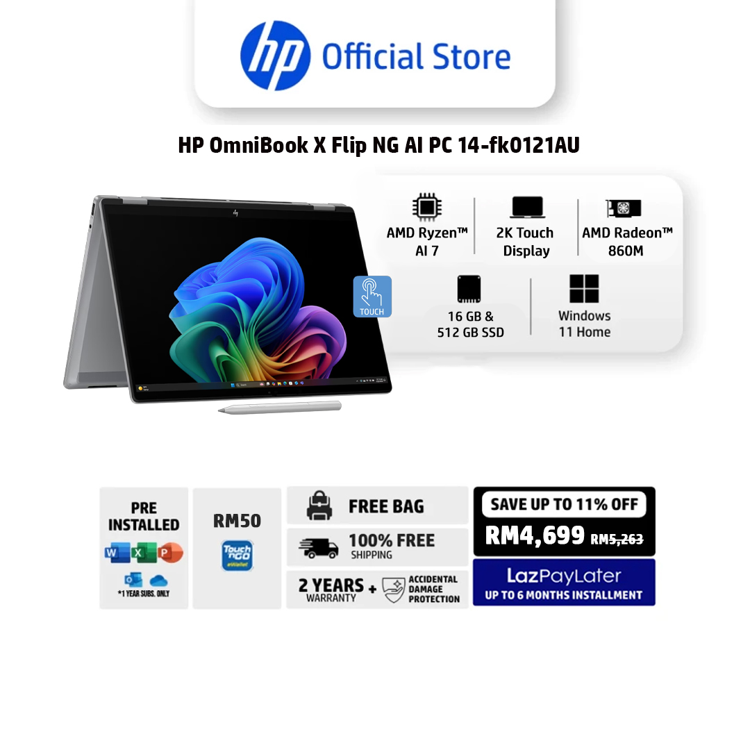 HP OmniBook X Flip 2-in-1 14 inch Laptop Next Gen AI 14-fk0121AU 14-fk0122AU | AMD Ryzen AI 7 | AMD Radeon 860M Graphics | 16 GB RAM | 512 GB SSD | Windows 11 Home